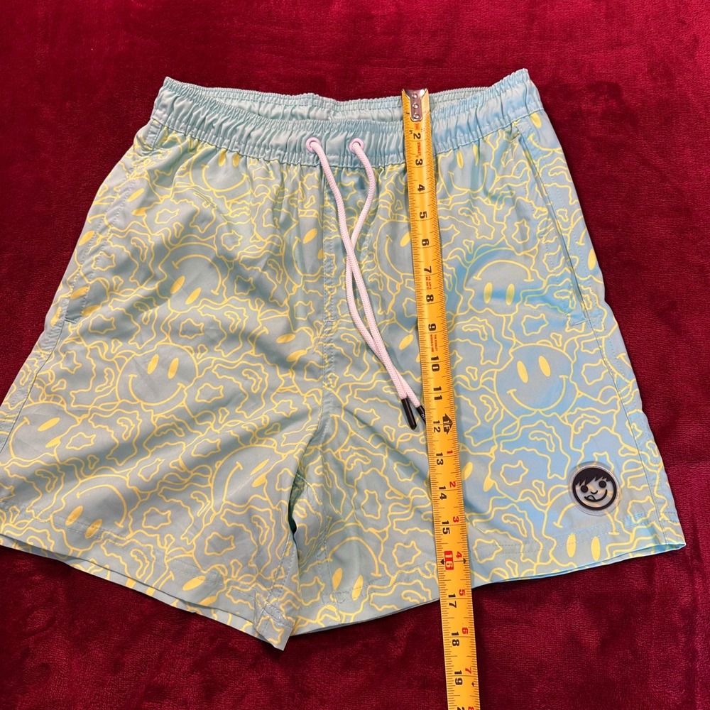 Neff Mens Swim Trunks Medium Blue Yellow Smiley Face Print Drawstring Shorts - Picture 3 of 9